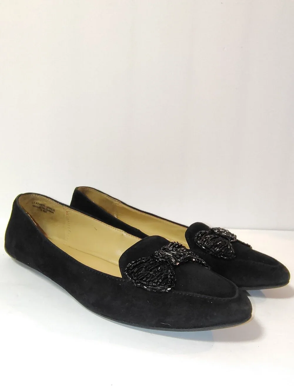 Talbots Women's Francesca Beaded Bow Suede Driving Moccasins Slip-On Flat Black